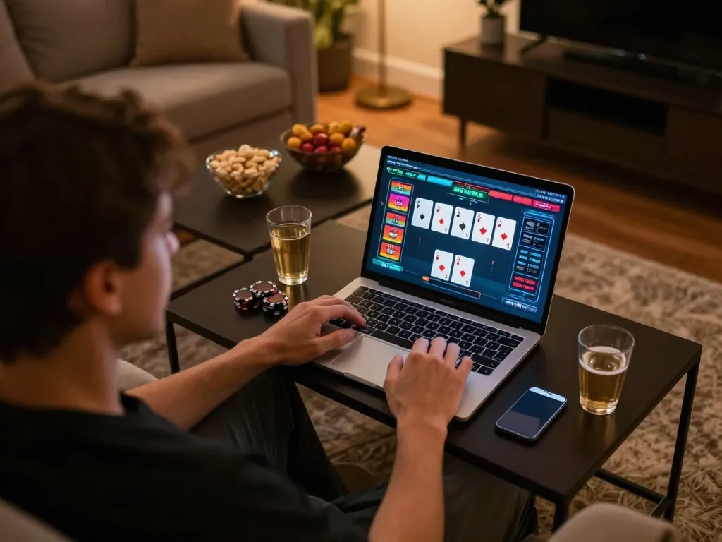 Player engaged in poker game on laptop in cozy setting, promoting responsible gambling at uu88com