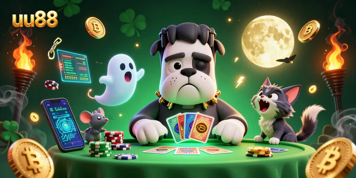 Win big at uu88 with a fantasy casino scene featuring a Frankenstein bulldog dealer and floating crypto elements.