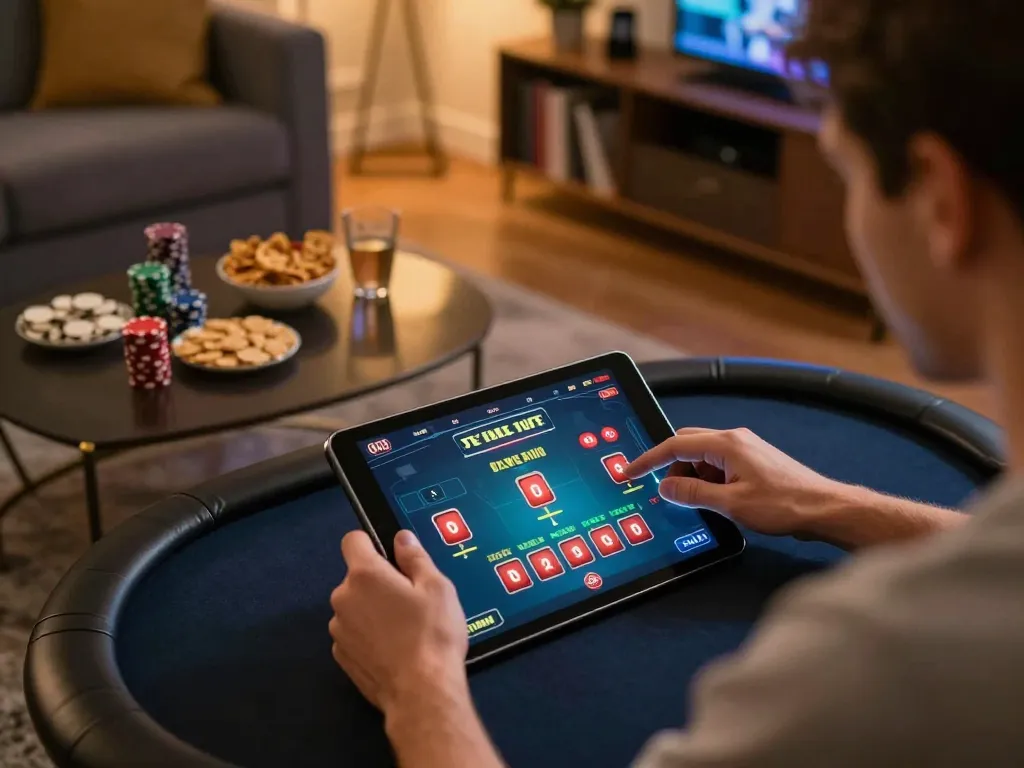 Player enjoying online poker on tablet in comfortable setting, showcasing o8net3 gaming experience