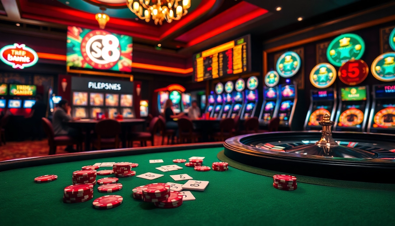 S8 casino players strategizing at an elegant poker table with colorful chips and cards.