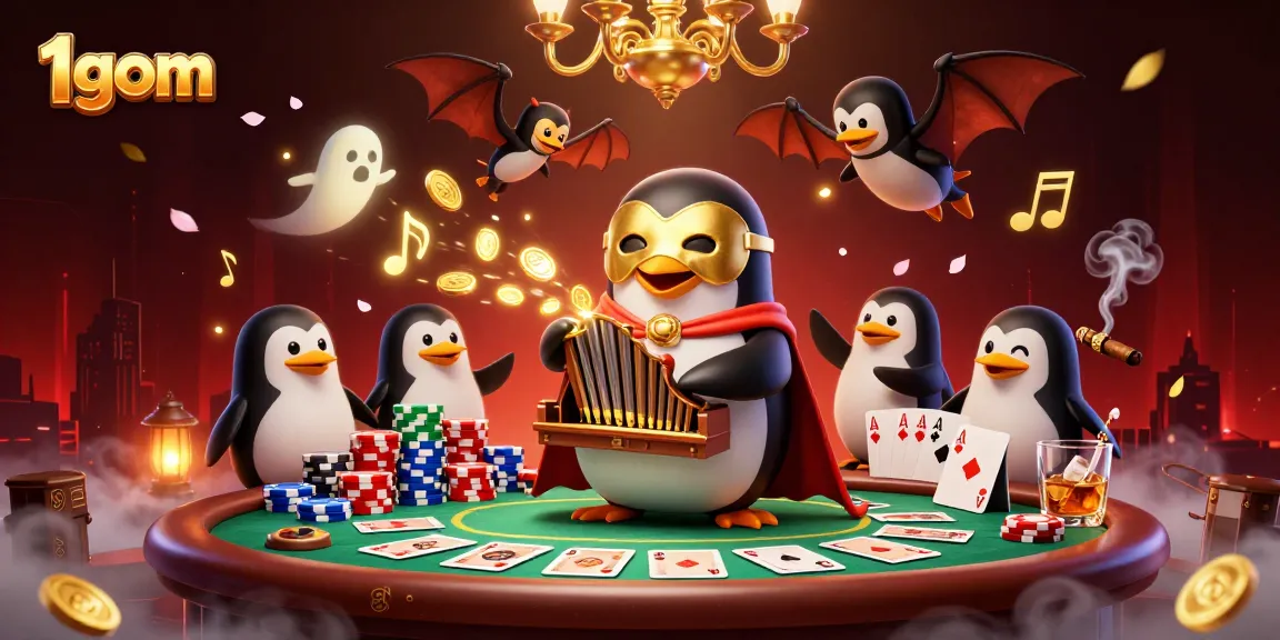 Experience thrilling action on 1gom with a penguin playing the organ amidst golden coins and poker excitement.