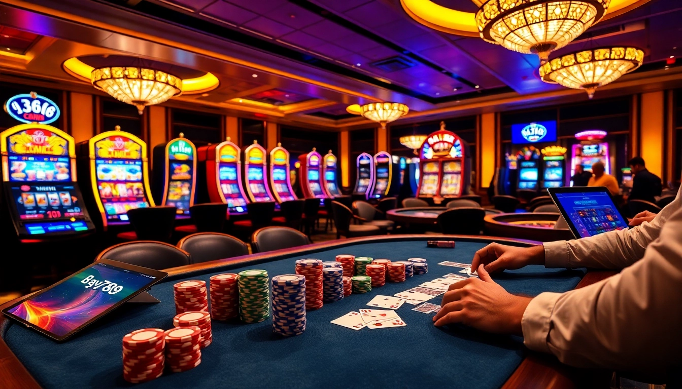 Players enjoying thrilling games at Bay789 casino with vibrant tables and slot machines.