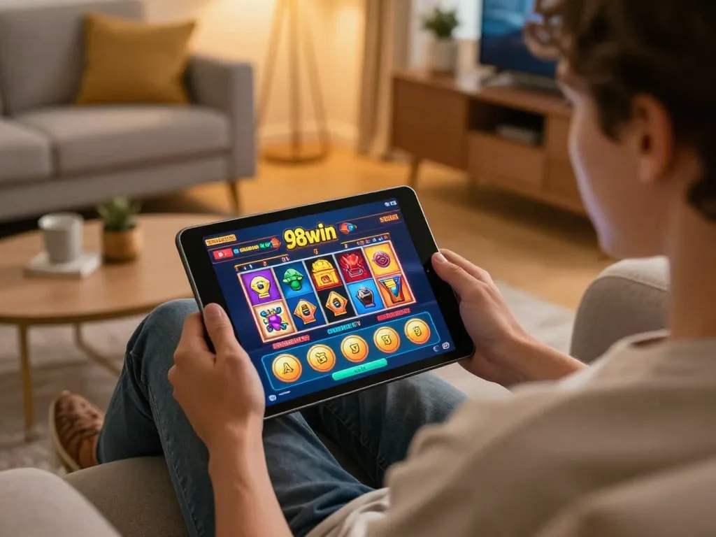 A player engaging in 98win online gaming on a tablet in a cozy home setting.