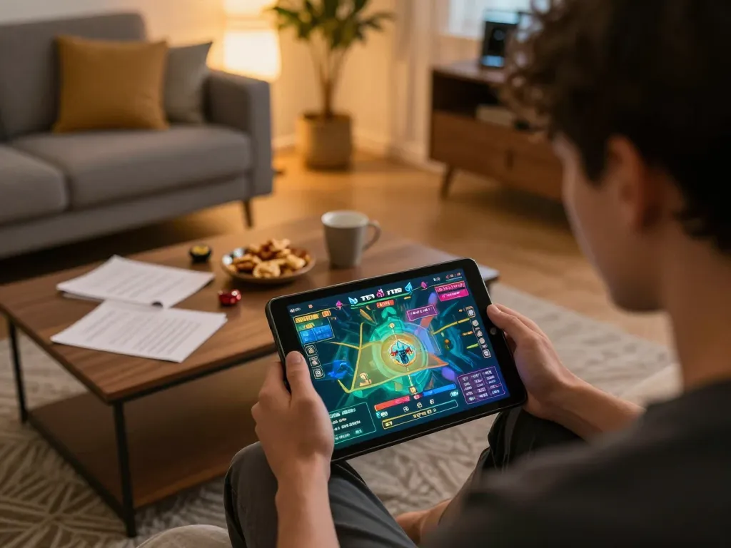 Engaging in TT88 game strategy on a tablet in a cozy home setting, enhancing the online gaming experience
