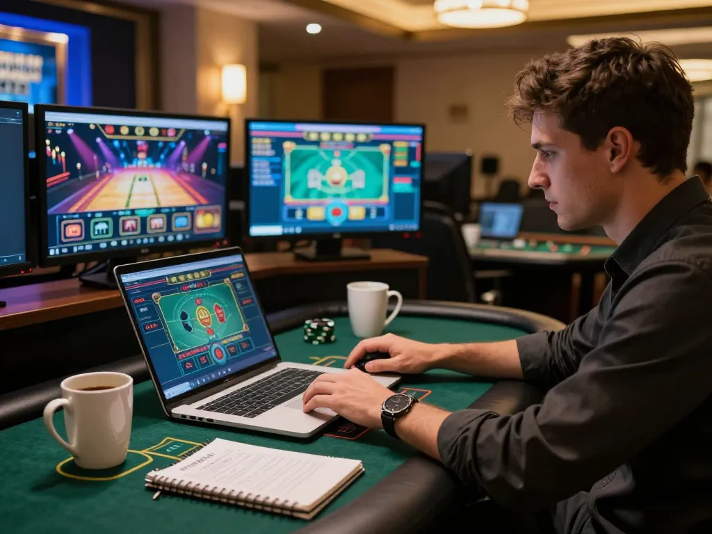 3WIN online gambler placing strategic bets in a cozy home office setting