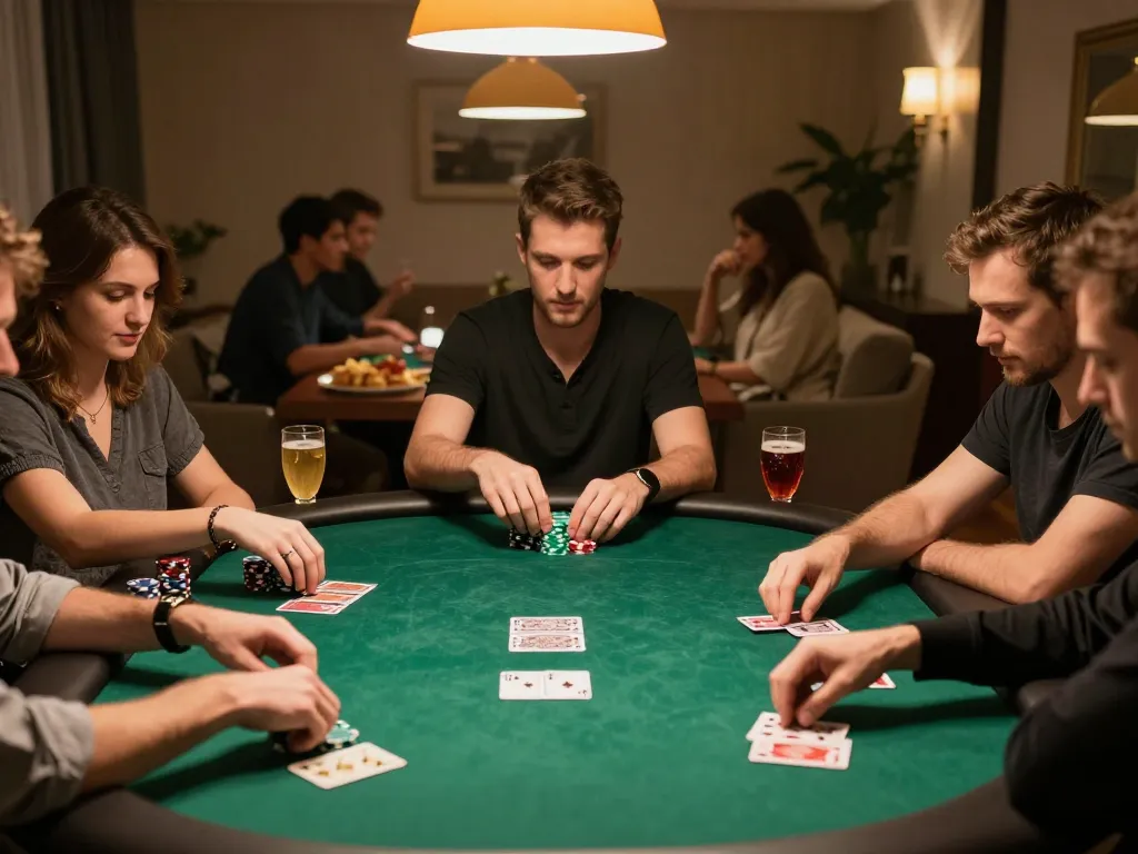 Players strategizing in a home poker game for casino 88vv, showcasing intense gameplay and camaraderie.