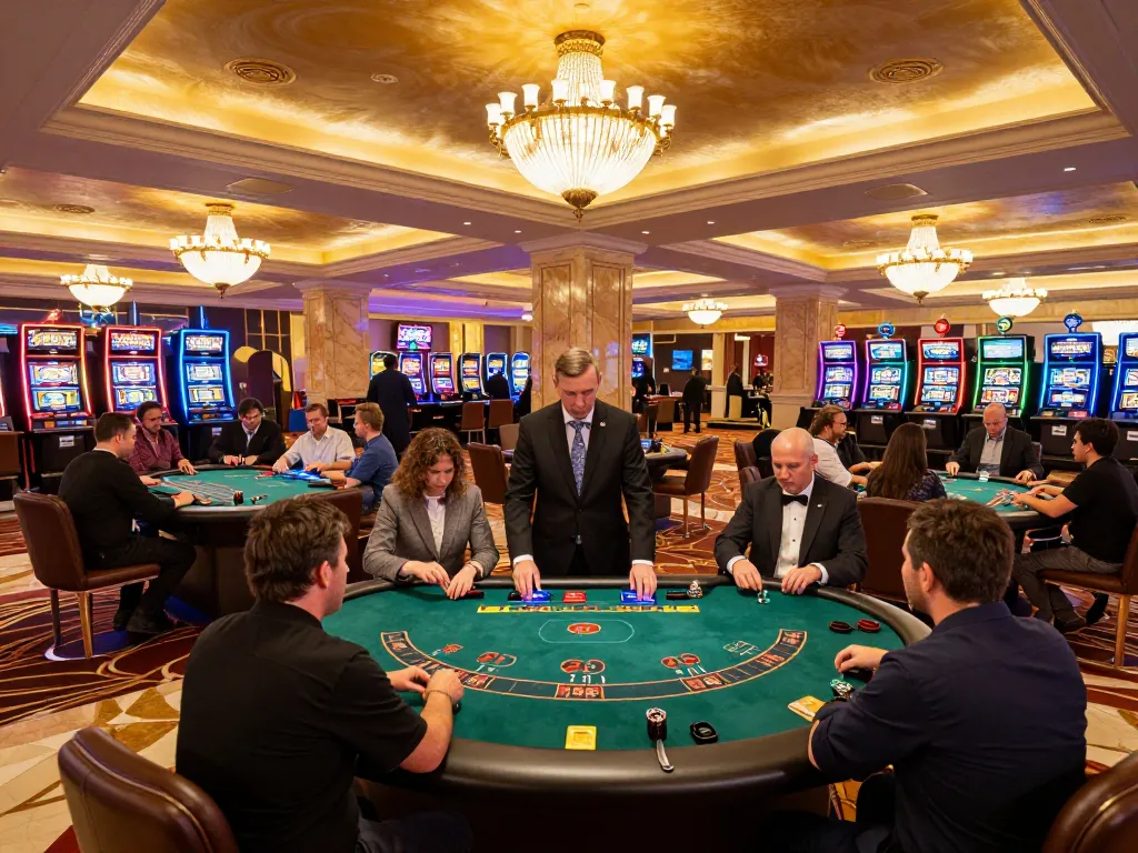 Players placing bets at JUN88 blackjack tables in a vibrant casino atmosphere.