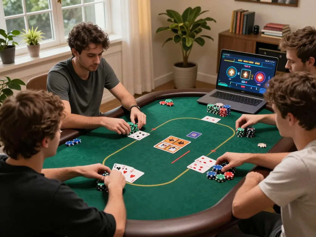 Players strategizing at an online poker table with kp88vip visible on the screen, showcasing a dynamic gaming experience.