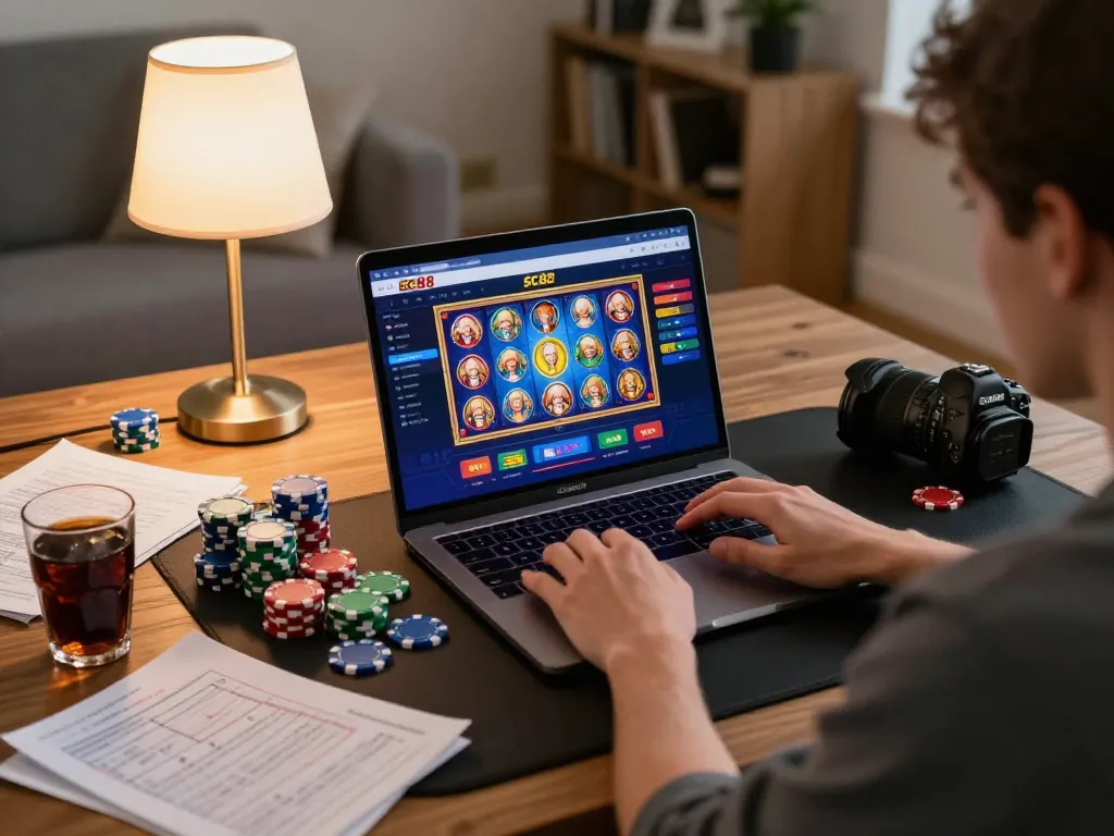 Engaging user playing SC88 casino app on a laptop, surrounded by gaming chips and notes.