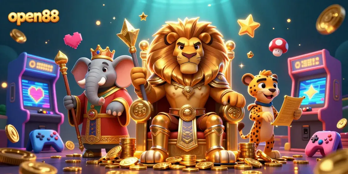 Experience the excitement of open88 while surrounded by a fierce lion king, a wise elephant advisor, and a speedy cheetah messenger in a vibrant casino game scene.