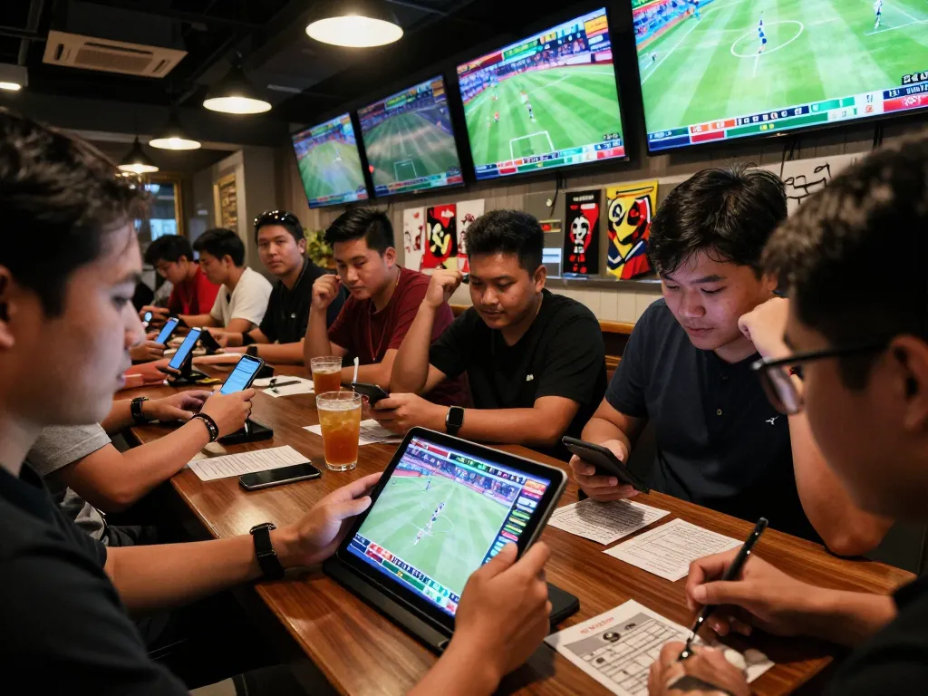 Engaged bettors studying odds for soi keo nha cai at a lively sports bar during a football match