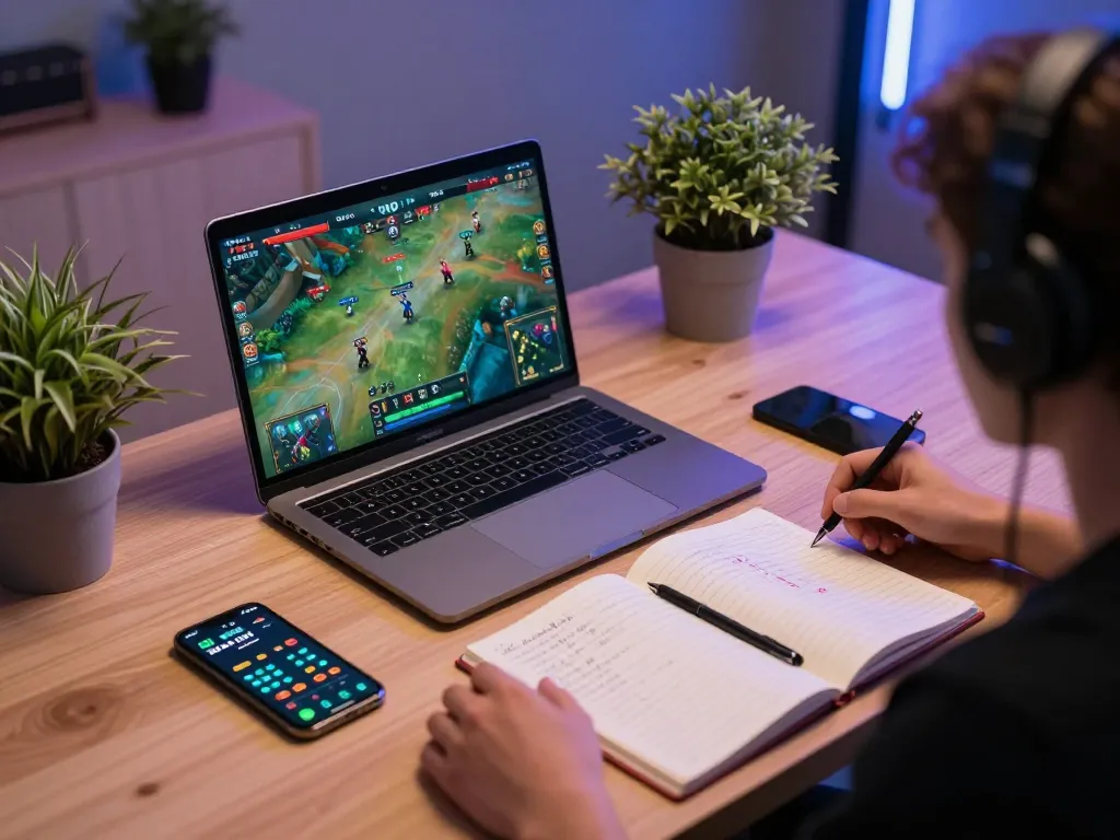 Watch a live đá gà thomo match online from home, showcasing an engaging gaming setup with a laptop and smartphone.