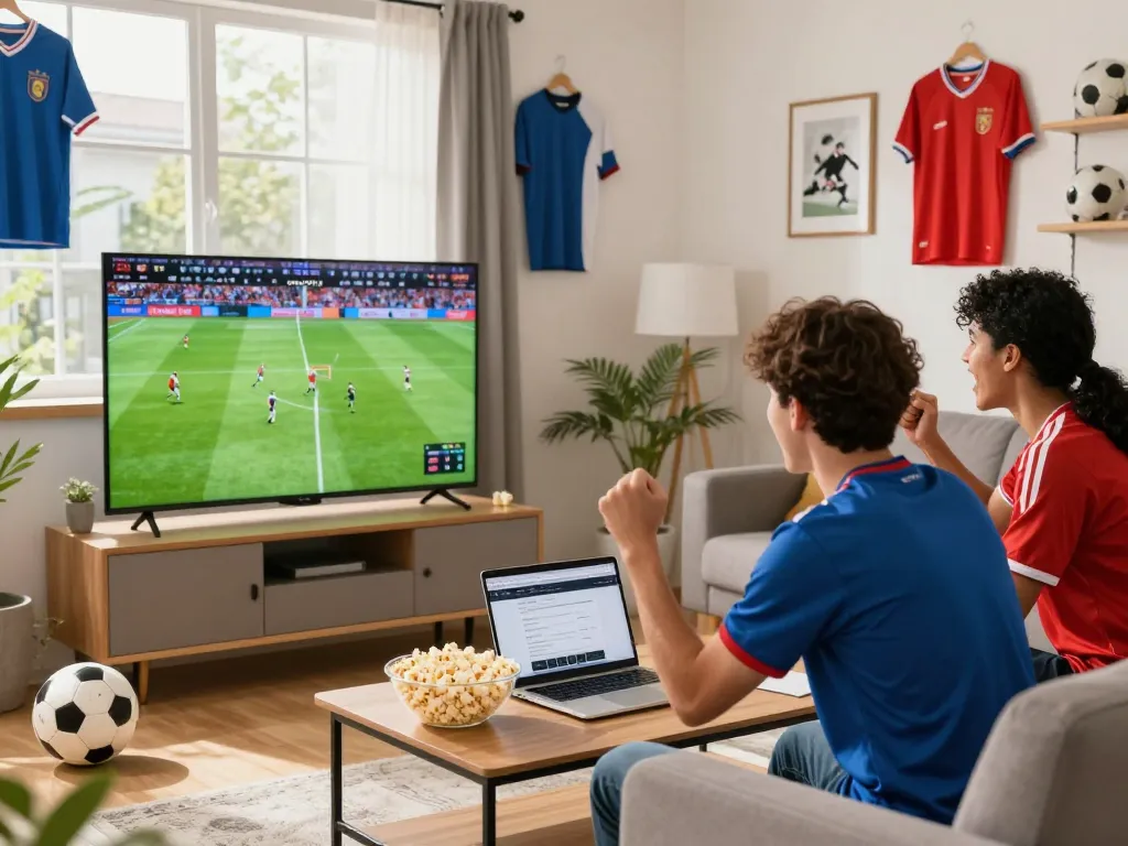 Fan enjoying live soccer match on luongson117.tv in a vibrant living room.