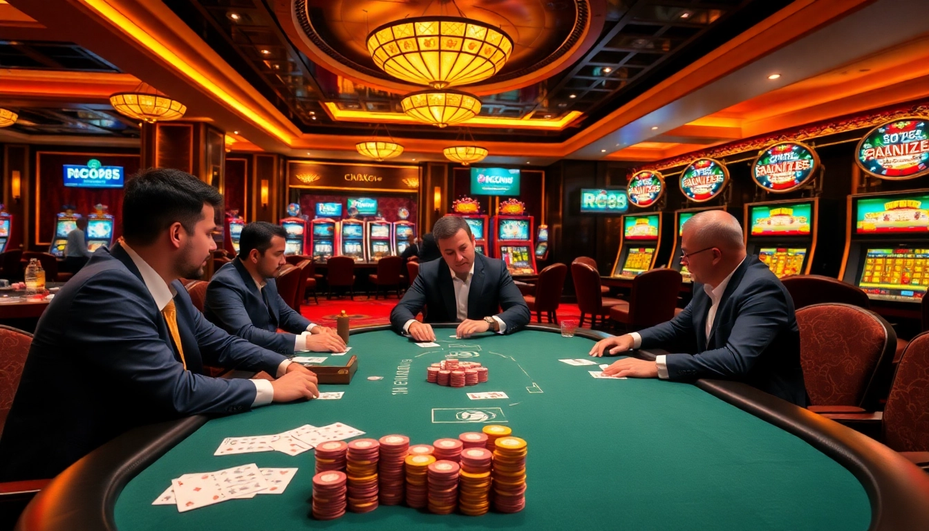RC88 players enjoying a thrilling poker game amid vibrant casino lights.