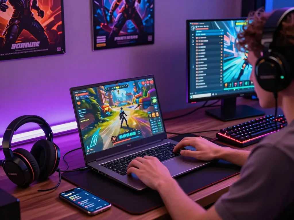 Engaging gamer playing online with laptop, showcasing tải game rikvip mới nhất in vibrant gaming room.