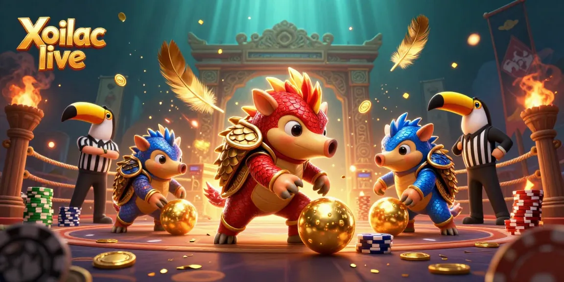Xoilac live showcases thrilling pangolin rivalry amid poker chips and golden coins in an energetic scene.