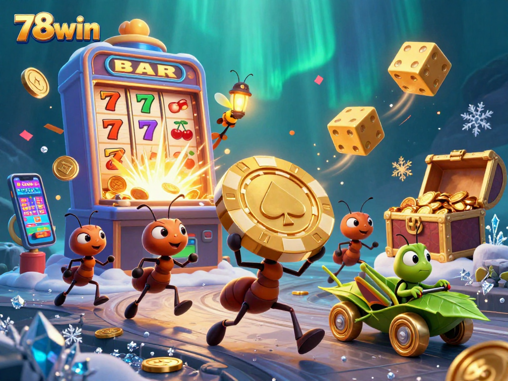 78win engages players in a thrilling heist featuring ants carrying a giant poker chip amidst exploding casino elements.