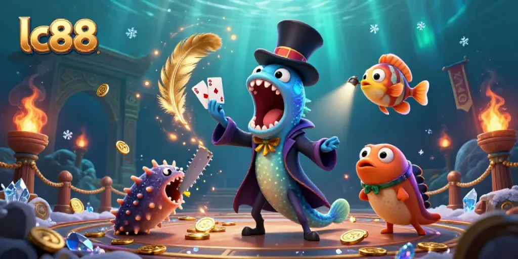 Experience thrilling card magic with lc88's colorful underwater casino scene featuring captivating sea creatures.