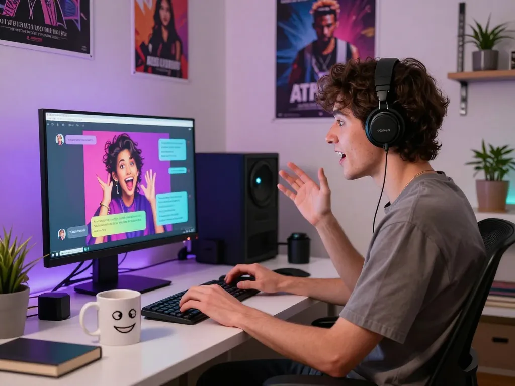 A person engaging in ai chat porn in a modern home office, showcasing a lively interaction with character AI.