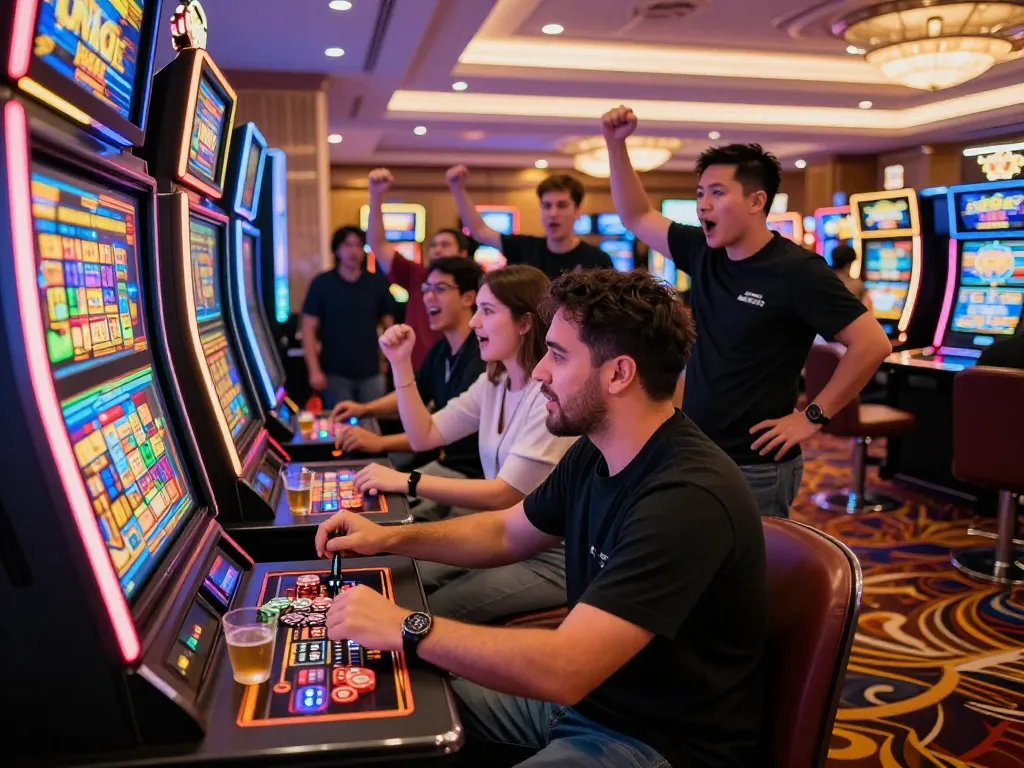 Exciting scene at https://lucky88.tips/ showcasing players around Lucky 88 slot machine in vibrant casino.