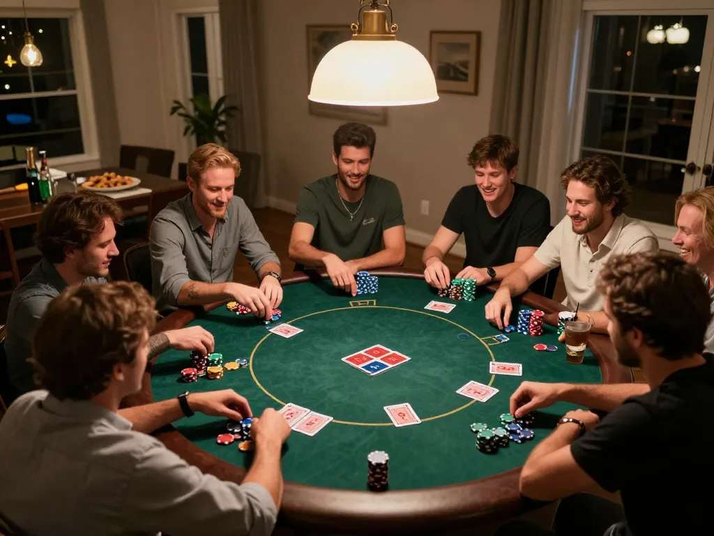 I9BET players enjoy an engaging poker night at home, showcasing strategy and camaraderie.