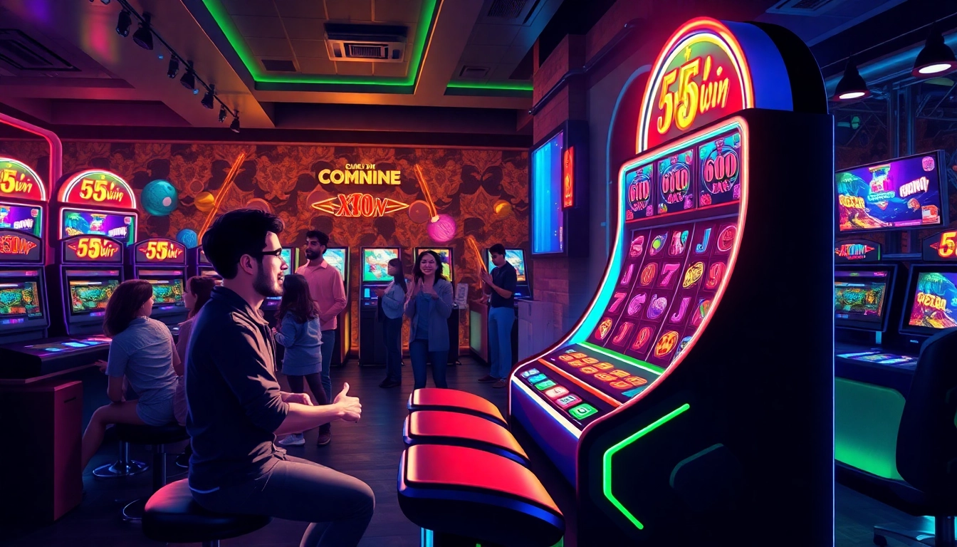 Players enjoying a thrilling session with the 555win online gaming platform, celebrating victories in a vibrant atmosphere.