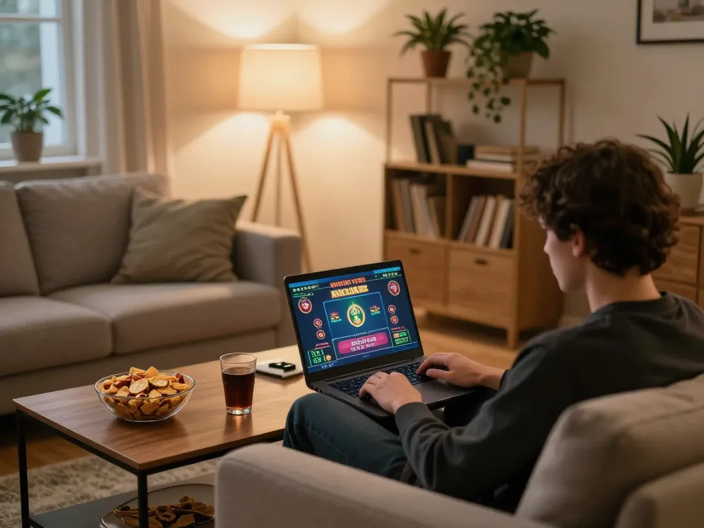 Engaging online gaming experience at home using https://vin88.is/ with laptop and snacks around