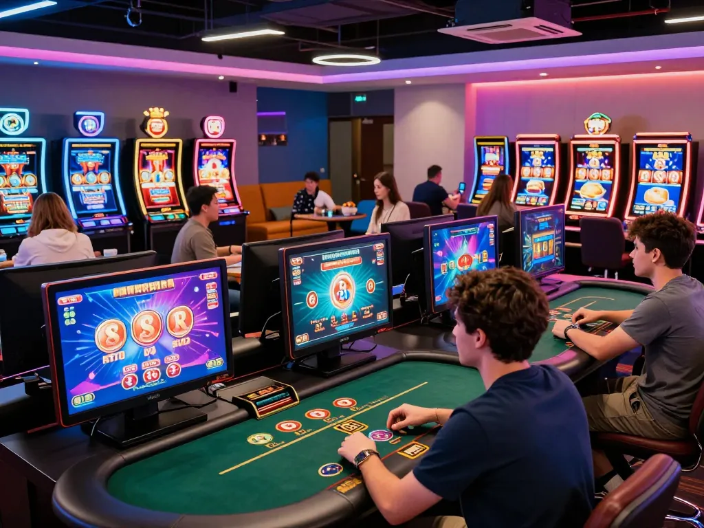 BL555 online gaming players enjoying a vibrant digital casino atmosphere with interactive screens and exciting games.