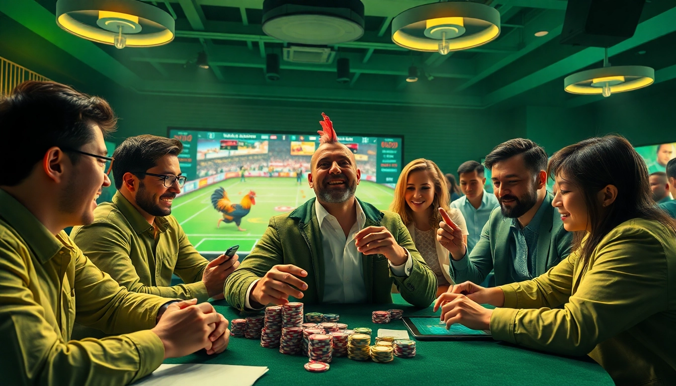 Engage with đá gà trực tiếp thomo in a high-energy online gambling atmosphere featuring live betting, vibrant colors, and excitement.