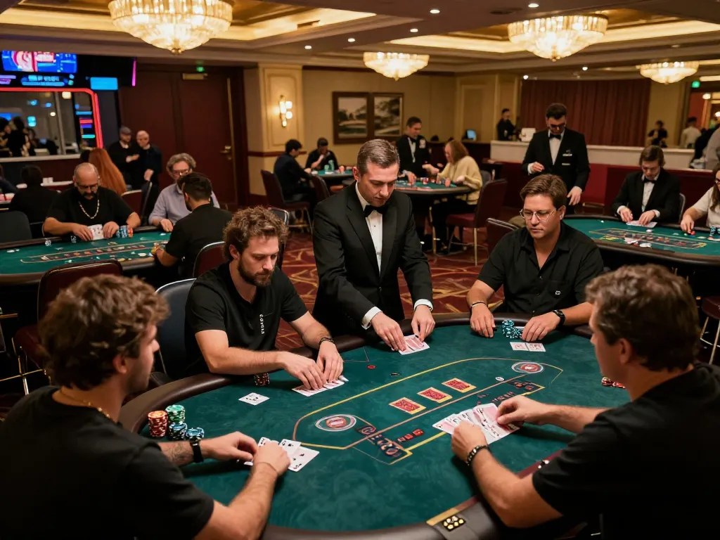 P3 players engaged in an intense poker game amidst a vibrant casino backdrop, highlighting immersive gaming excitement.