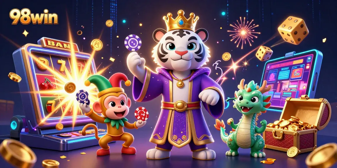 Experience excitement with 98win's vibrant online casino scene featuring playful characters and thrilling game elements.