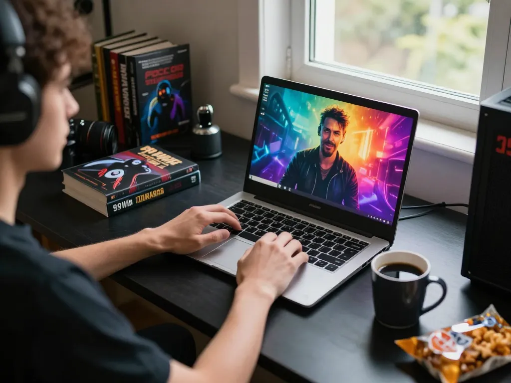 Individual engaging with 99Win online casino platform from a cozy home setup, showcasing strategic gameplay.