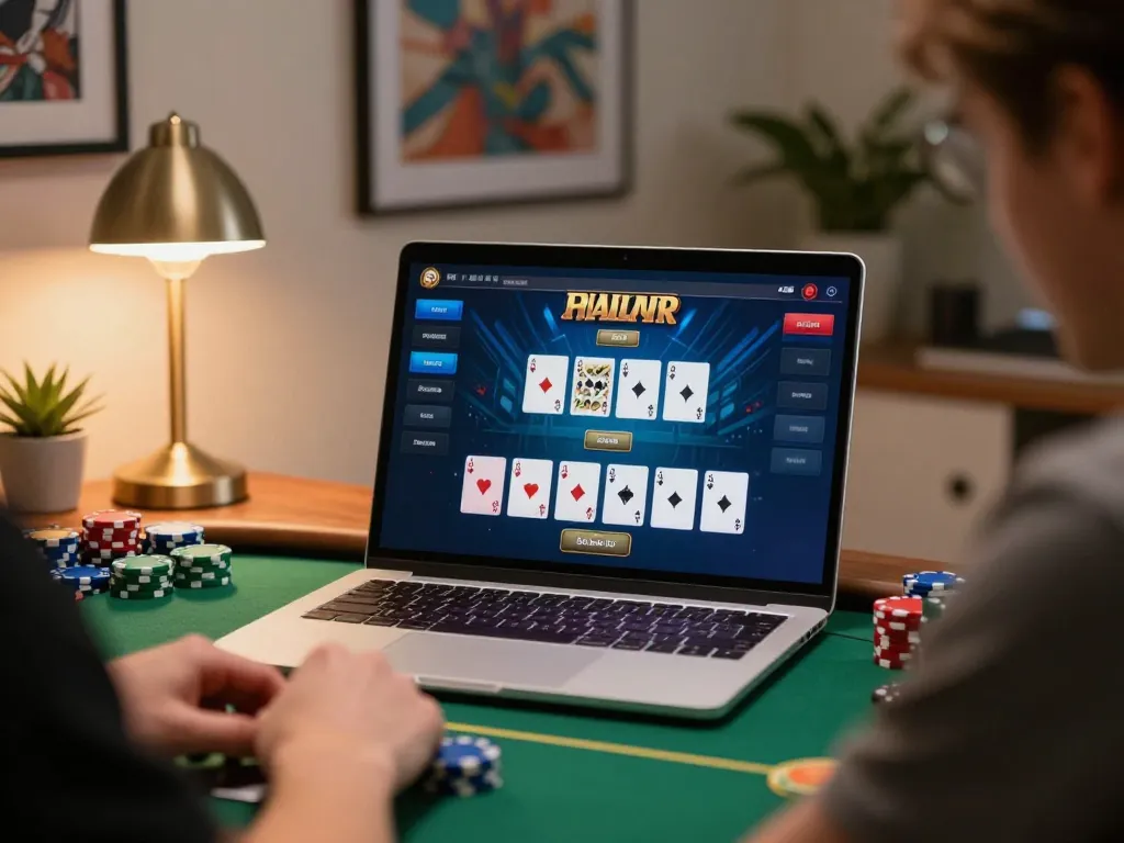 Engaging in online pokies Australia game, player strategizing with cards on laptop.
