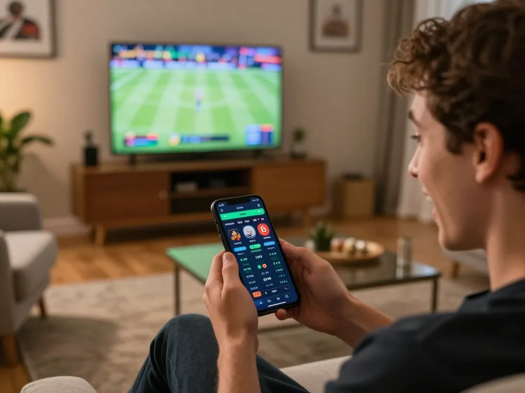 Player engaging in mobile sports betting on cm88 app while watching an exciting game