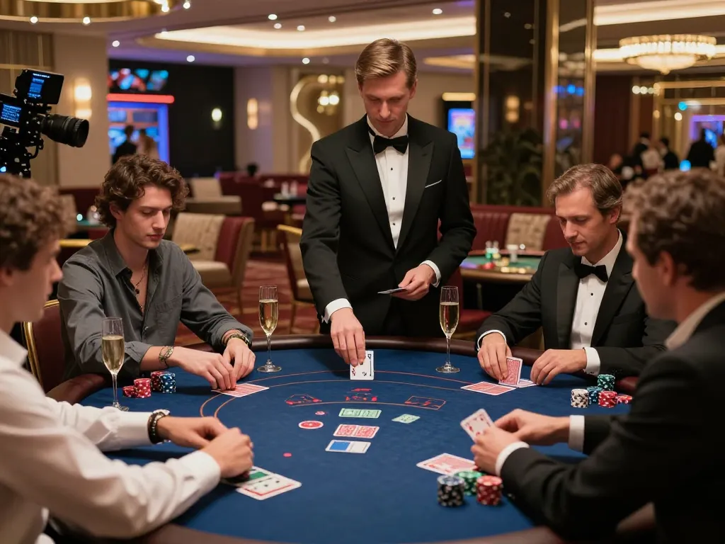 RED88 players engaged in high-stakes poker with champagne in an upscale casino environment.