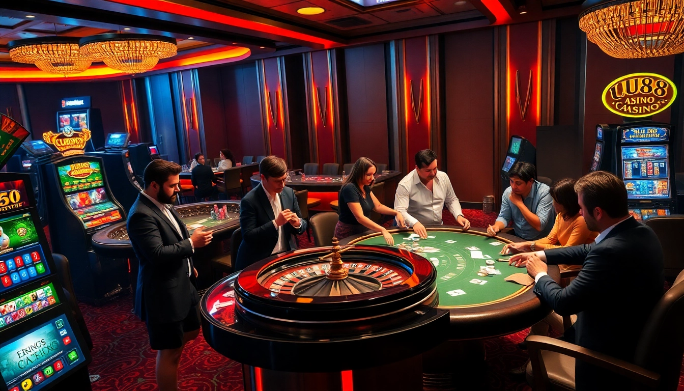 UU88 casino scene with players at roulette and poker tables, showcasing excitement and luxury.