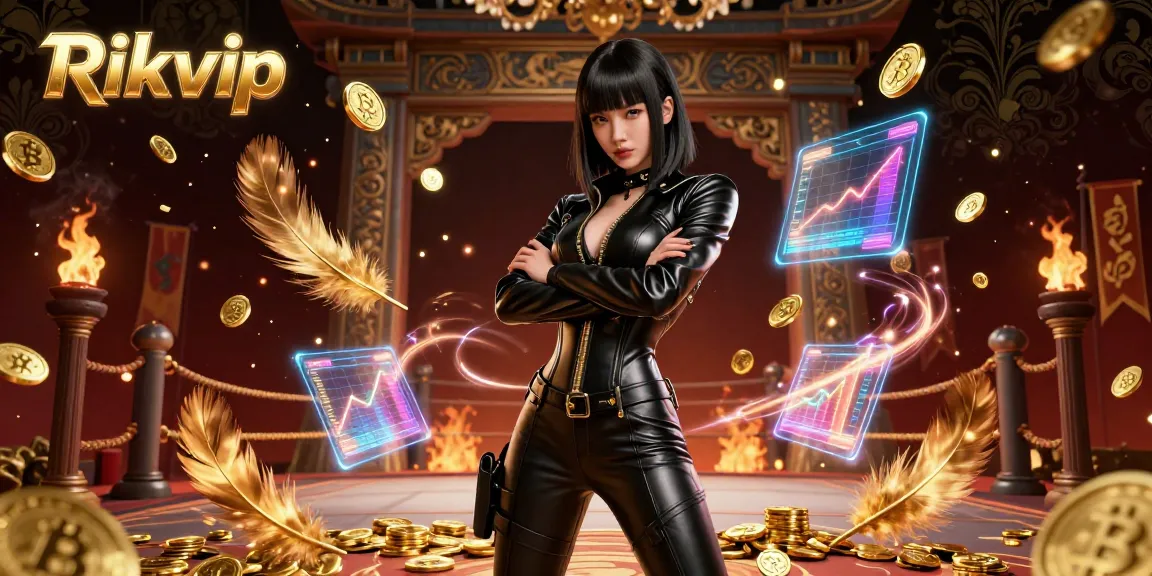 Engage with Rikvip's thrilling casino experience featuring vibrant golden coins and a powerful Asian woman.