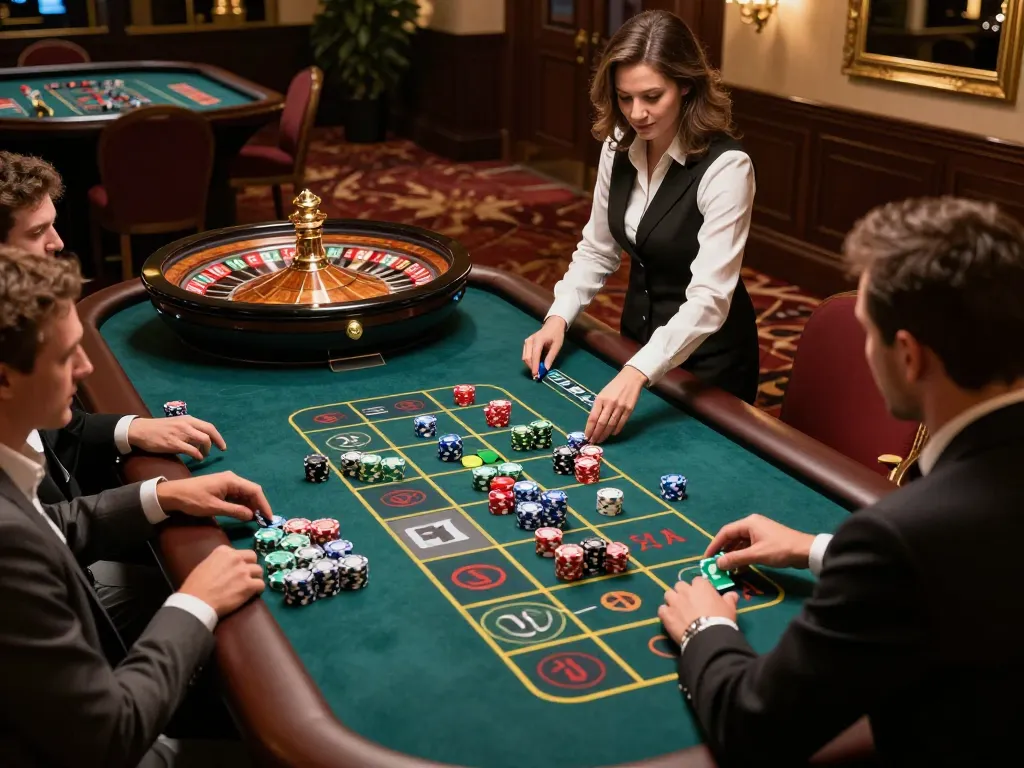 Players engaging in thrilling roulette gameplay at HZ88, showcasing vibrant chips and a professional croupier.