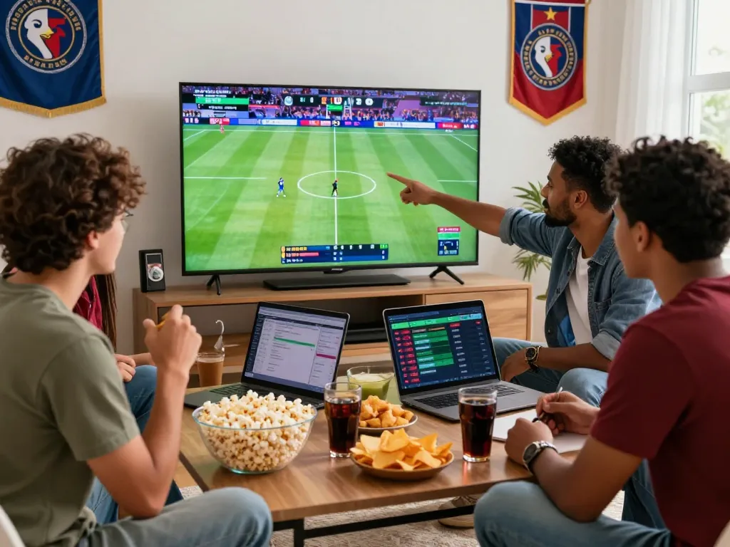 Diverse friends enjoying the excitement of zbet sports betting while watching a live game together.