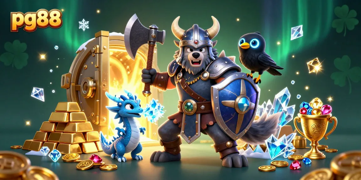 Engage in thrilling gaming at pg88 with a Viking wolf, fierce dragon, and riches in a dynamic casino scene.