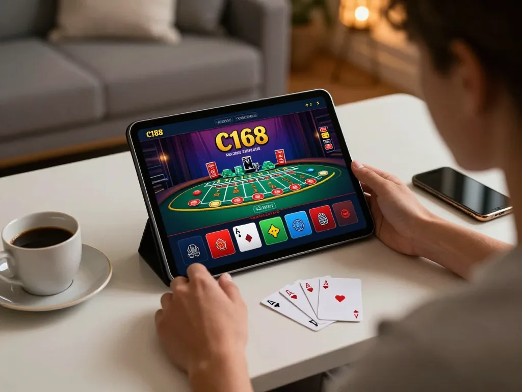 C168 user actively engages in online casino gameplay, enjoying comfort and strategy with live dealer games on tablet.