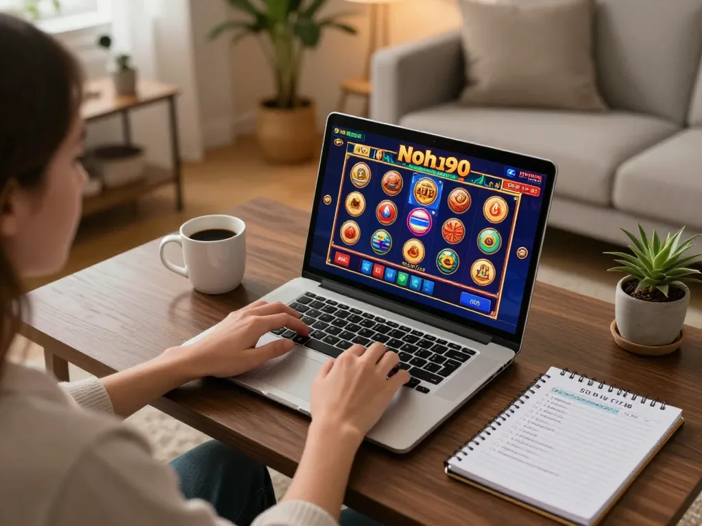 Nohu90 player engaging in online slot gaming at home with cozy atmosphere.