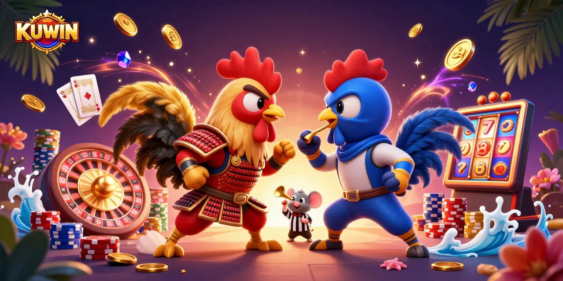 Experience thrilling cockfighting action with KUWIN's roosters in a vibrant casino scene.