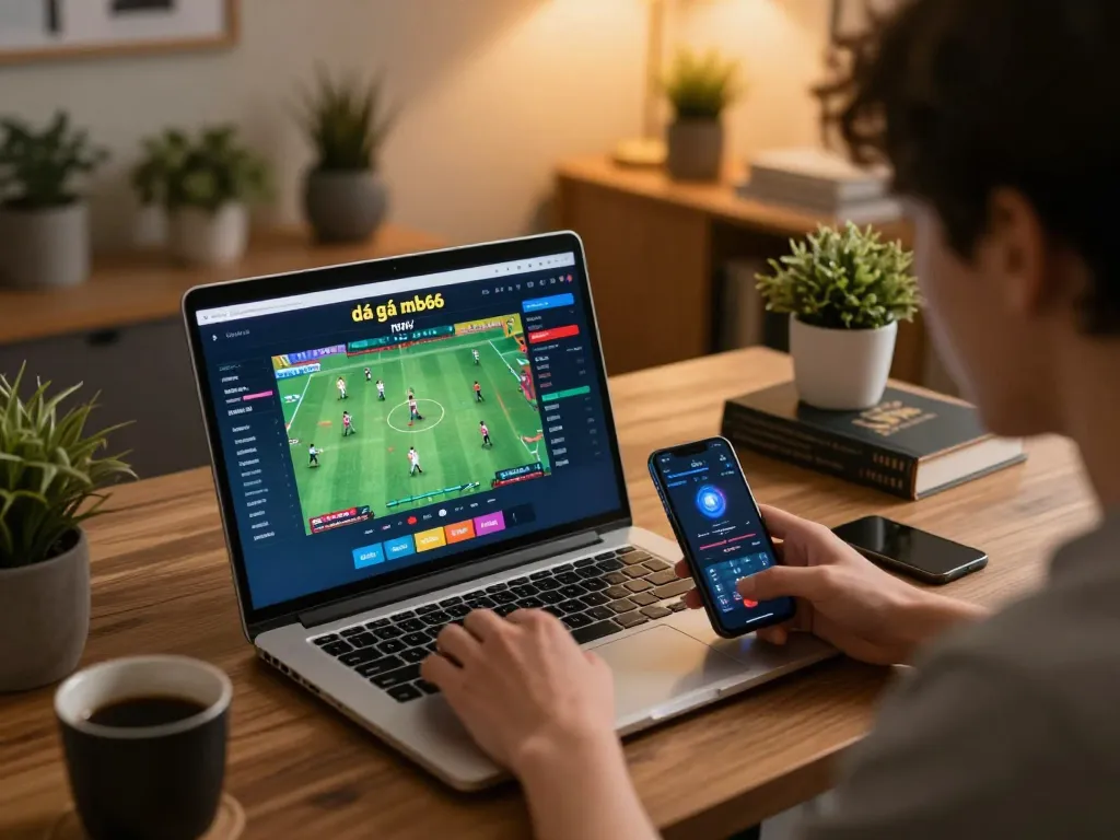 Watch thrilling đá gà mb66 matches on a laptop in a cozy home setting