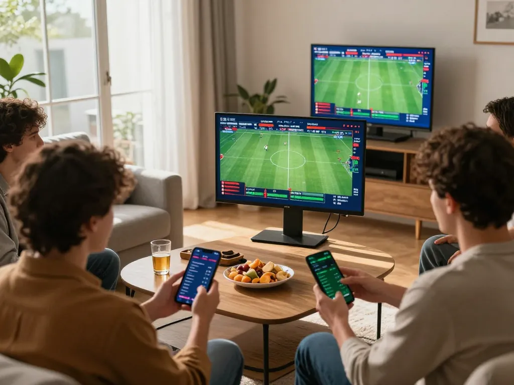 g28 enthusiasts analyzing odds on sports betting apps, engaging atmosphere with friends and snacks.