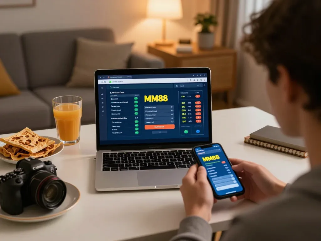 Engaging in online sports betting using the MM88 link on a laptop, creating a cozy home office atmosphere.
