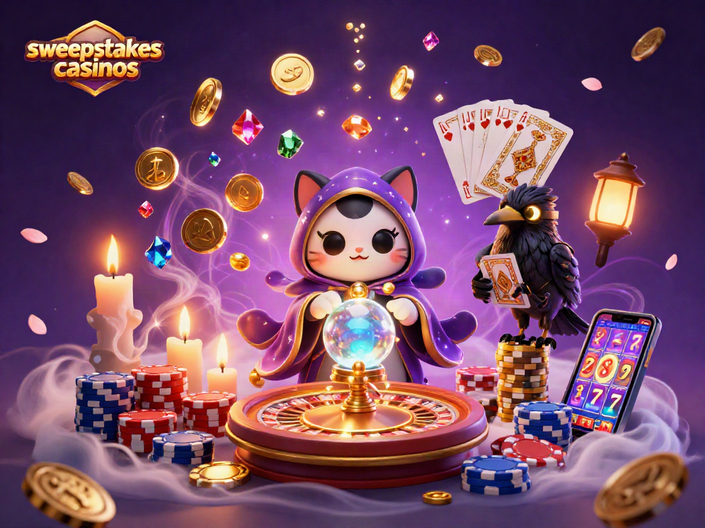 Sweepstakes casinos bring excitement with vibrant characters and rich casino elements swirling in a magical scene.