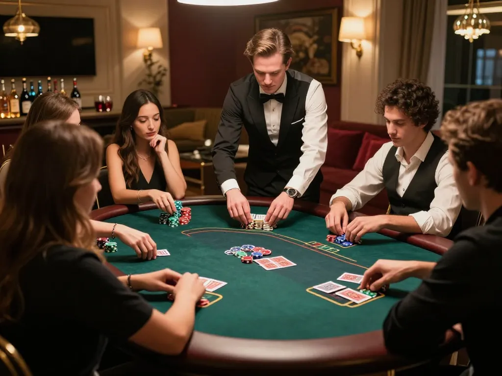 Players engaging in a poker game at a luxurious table, showcasing DEBET's live betting excitement, strategic atmosphere.
