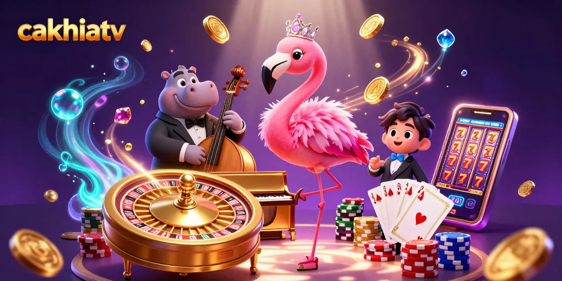 Experience exciting gameplay with cakhiatv featuring a glamorous flamingo and hippo band in a vibrant casino.