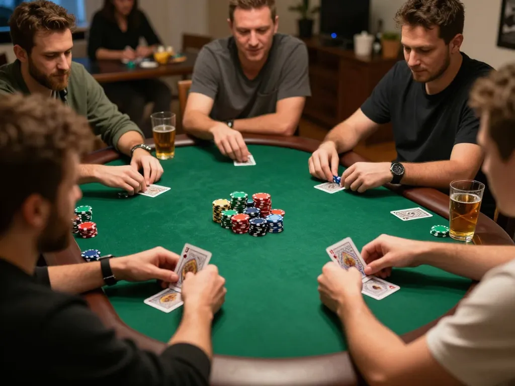Players enjoying a thrilling poker game at home, fully engaged with their strategies on OKFUN.